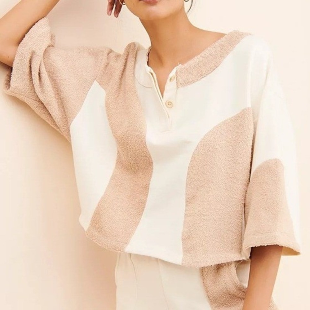 Pastiche Sweatshirt Cream Tan Multicolor Terry Cloth‎ Panel Pullover Large